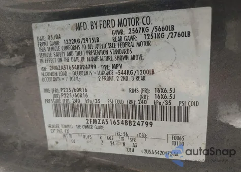 2004 Ford Freestar Se из США, поврежденный, VIN 2FMZA51654BB24799